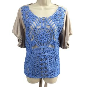 Eva Franco Anthropologie Taupe Blue Soutache Tie Back Top Stretch Size 6